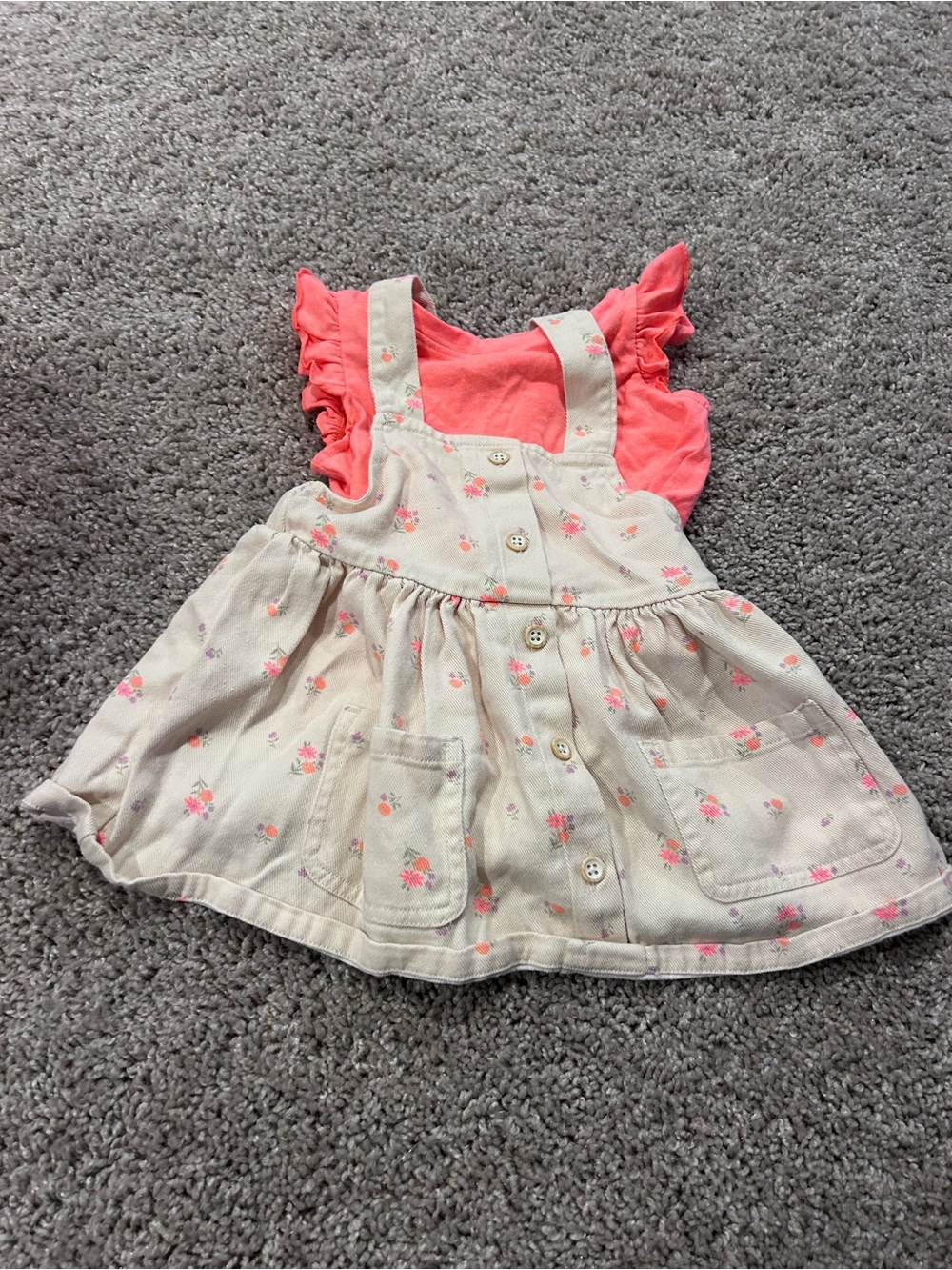 Cat & Jack Coral Tee with Cream Floral Pinafore